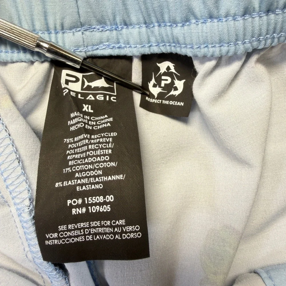 Pelagic Mens XL Light Blue Fish‎ Print Fishing Shorts 34x7 Stretch Marlin Tuna